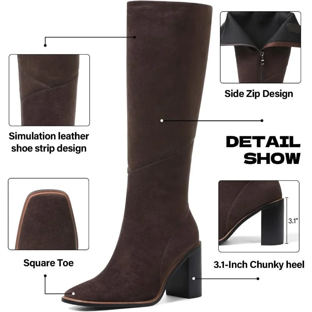 🆕Women’s Polyurethane Chocolate Square Toe Chunky Block Heel Leather Zip Boot